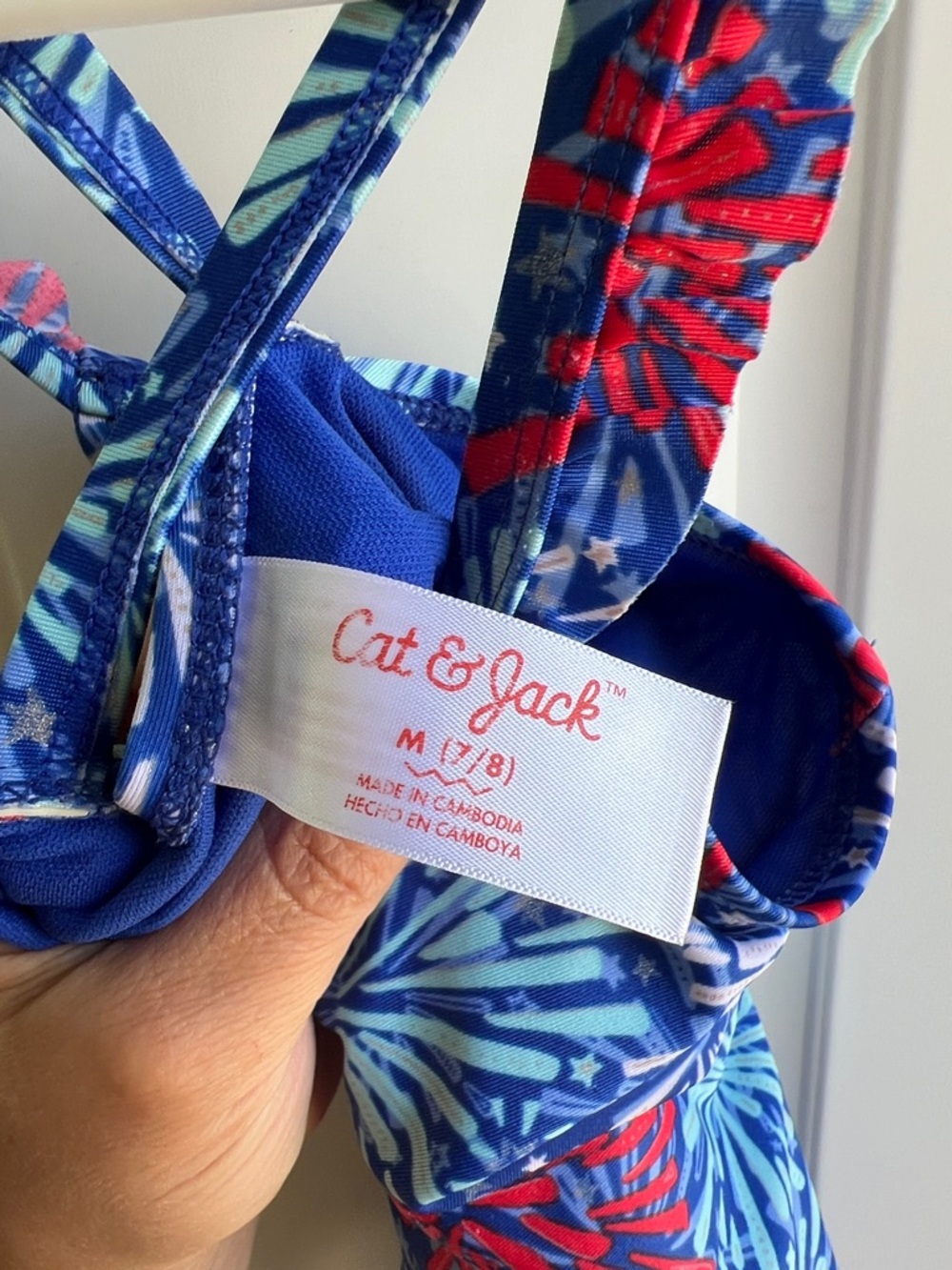 Cat & Jack Blue One-Piece Swimsuit with Red & Light Blue Firework Print - Picture 3 of 4
